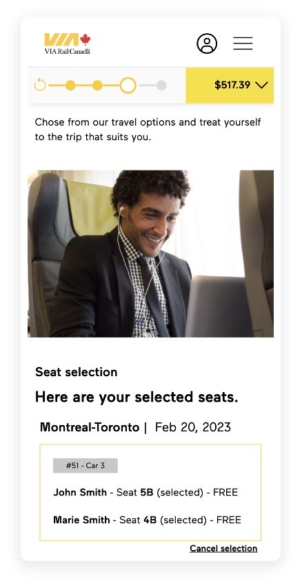 Visual display of the main Travel options page, with a summary of selected seats. 