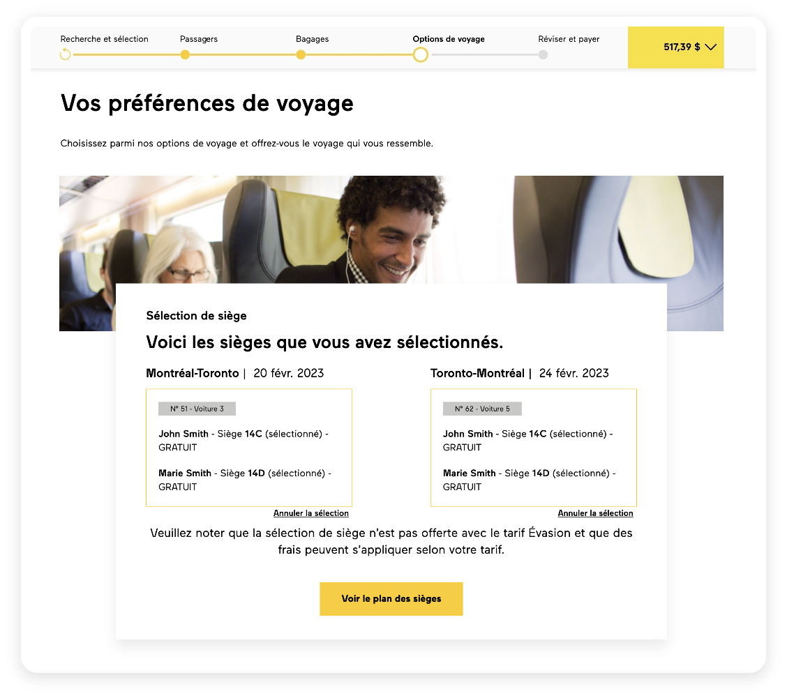 Représentation visuelle de la page principale des Options de voyage avec un récapitulatif des sièges sélectionnés. 