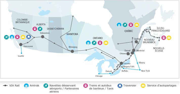 Carte géographique du Canada avec les liaisons de VIA Rail. Les gare intermodales sont identifiées avec des icônes représentants les services de transport alternatifs dans ces gares.