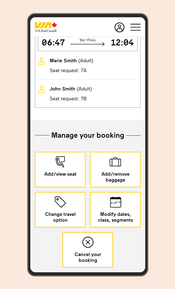 modify or cancel a booking online - screenshot mobile phone